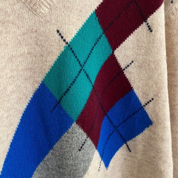 Vintage Cattivo Mens V Neck Large 100% Lambs Wool Sweater Beige Color Geometric - Picture 6 of 11